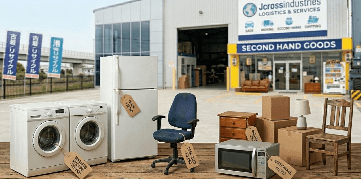JCross Second Hand Goods storefront in Japan with washing machines, fridge, chair, and homeware