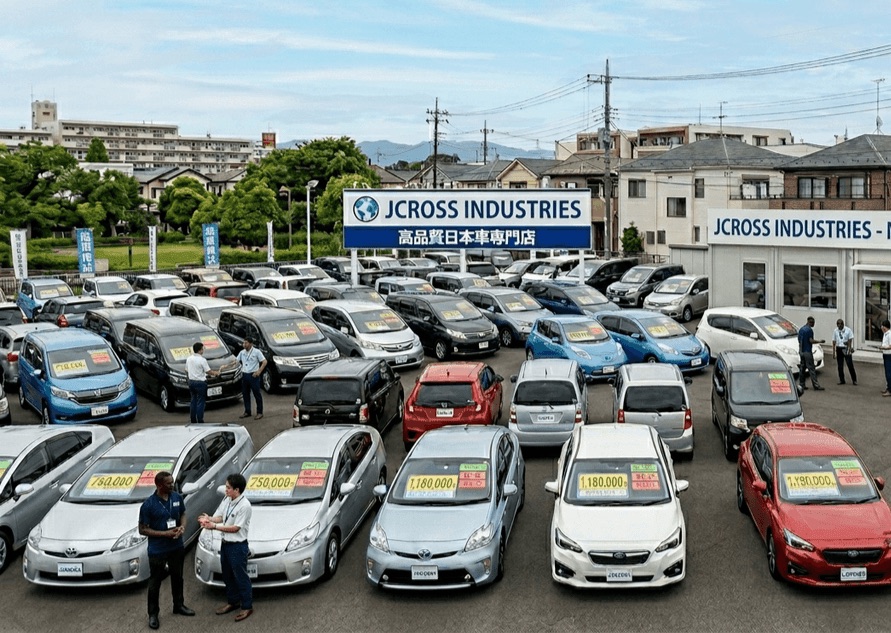JCross Industries used car lot in Japan with rows of inspected Japanese vehicles